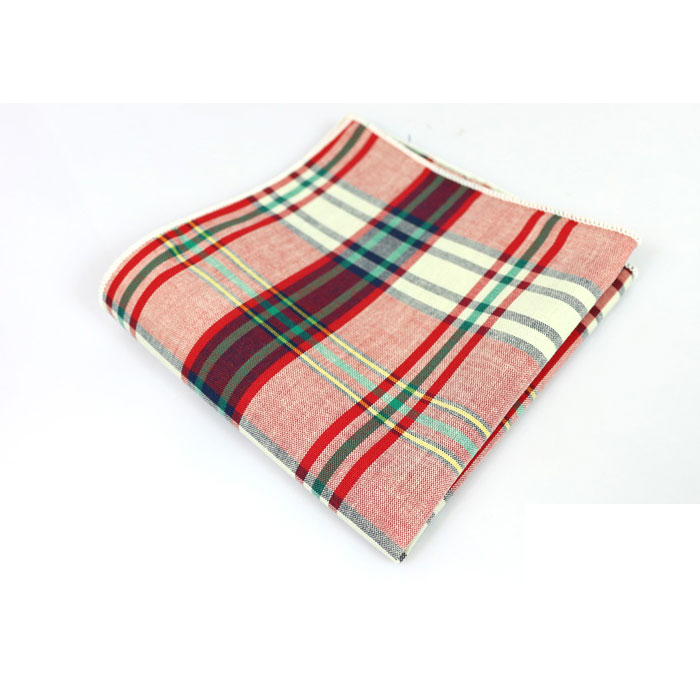 Firebrick, Tangerine, Army Brown, Platinum and Tea Green Cotton Plaid Pocket Square