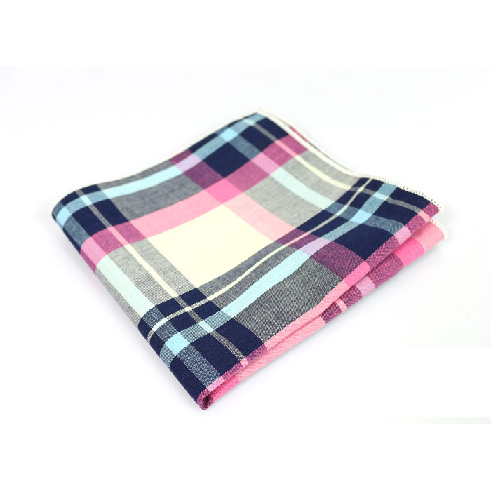 Pink, Gray Goose, Midnight Blue, Platinum and Tea Green Cotton Plaid Pocket Square