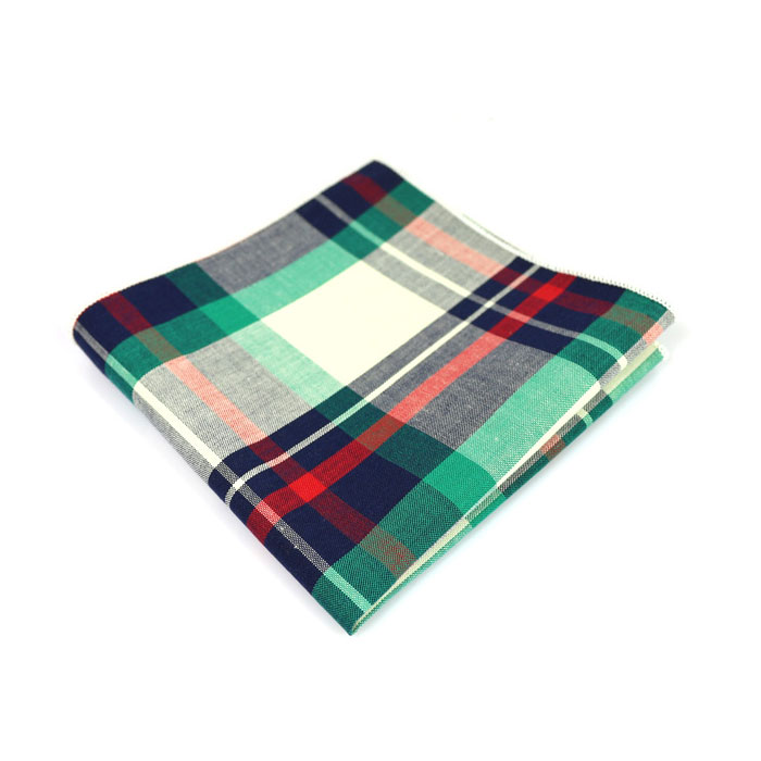Green and Midnight Blue Cotton Plaid Pocket Square