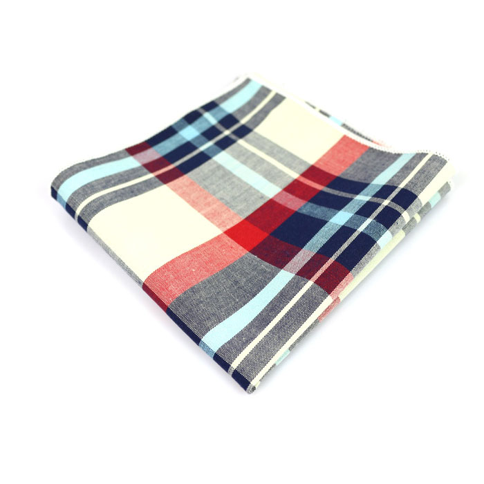 White and Light Sky Blue Cotton Plaid Pocket Square