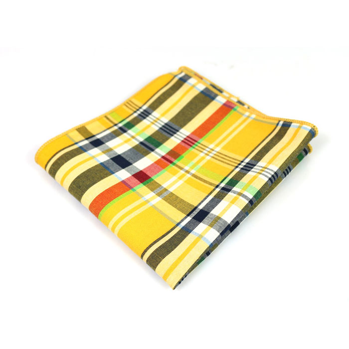 Yellow and Black Cotton Plaid Pocket Square