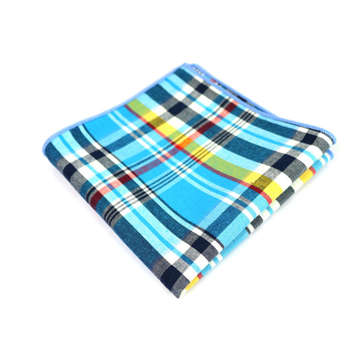 Blue, Bullet Shell, Tangerine and Tea Green Cotton Plaid Pocket Square