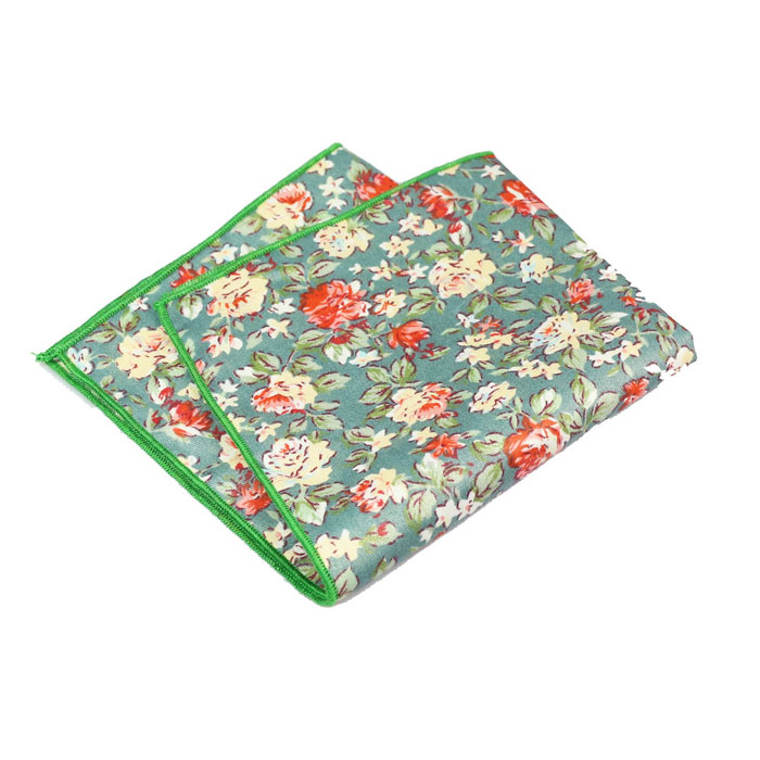 Green and Scarlet Cotton Floral Pocket Square