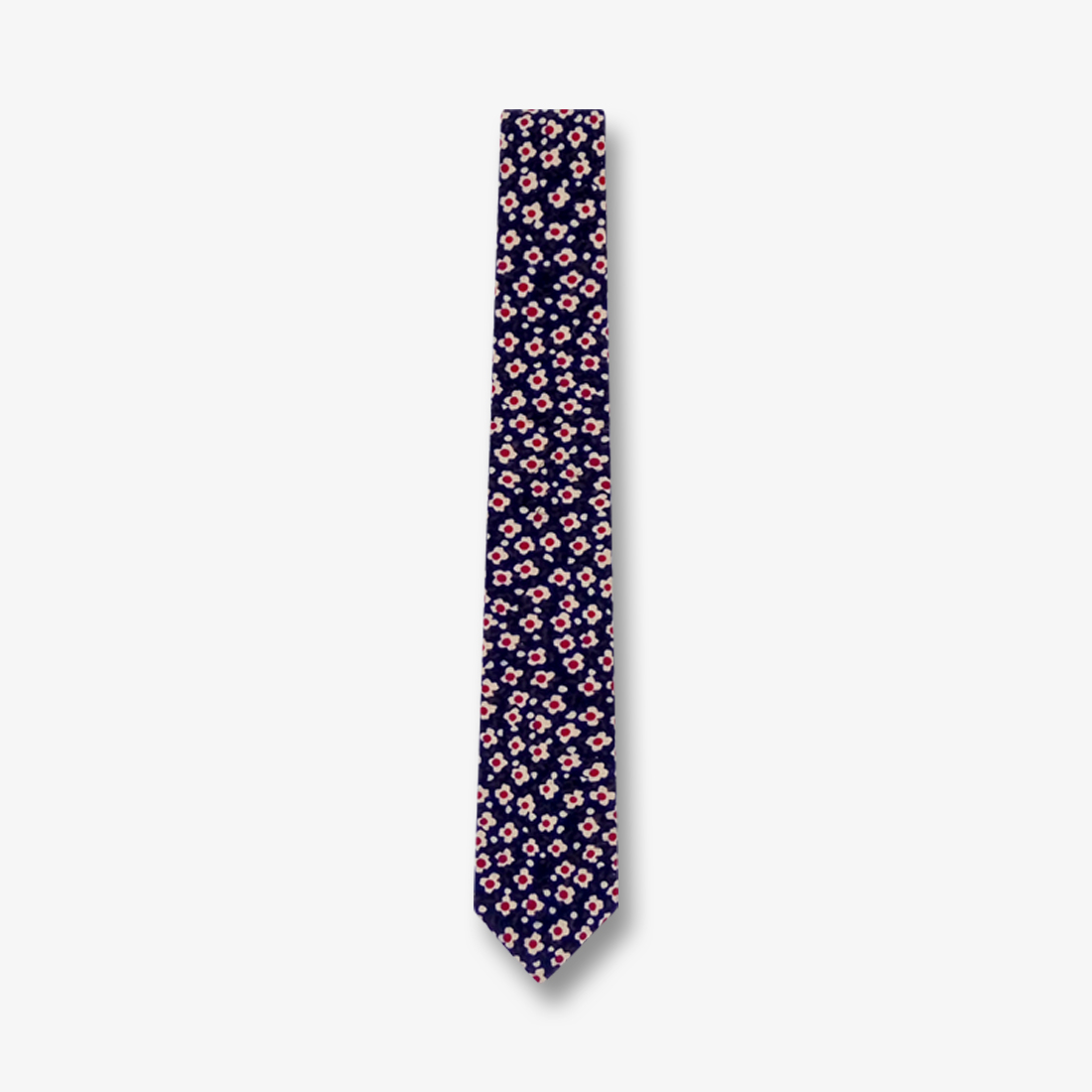 6cm Midnight Blue, Antique White and Wine Red Cotton-Linen Blend Floral Skinny Tie
