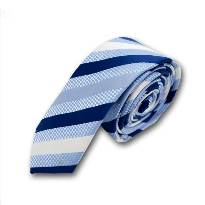5cm Sky Blue and White Polyester Striped Skinny Tie
