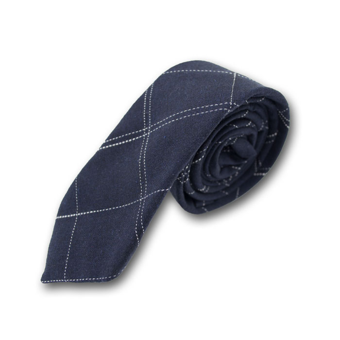 5cm Blue and White Cotton-Linen Blend Plaid Skinny Tie