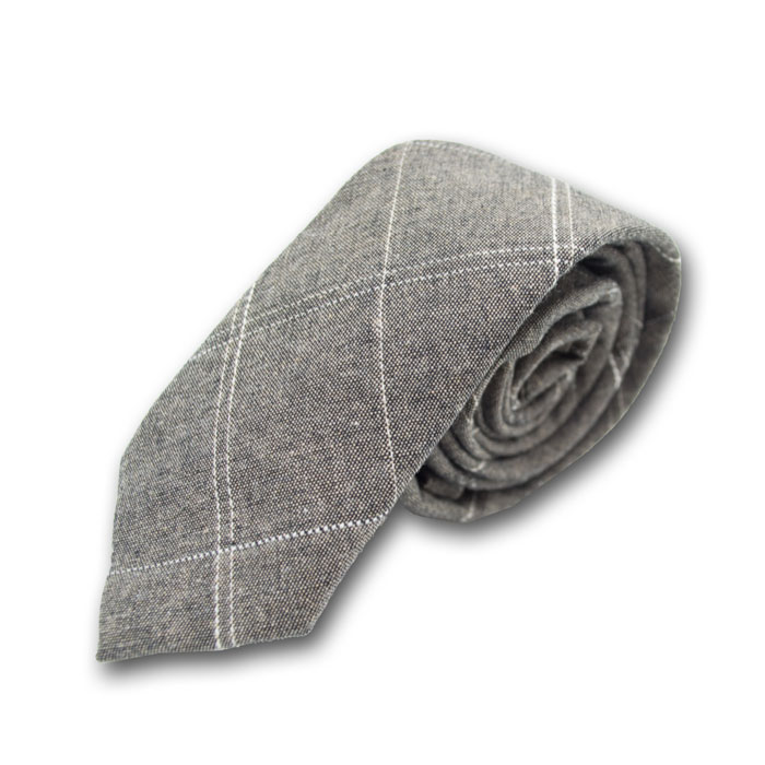 5cm Smokey Gray and White Cotton-Linen Blend Plaid Skinny Tie