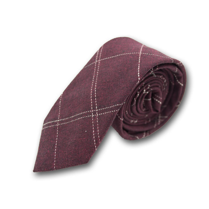 5cm Red and White Cotton-Linen Blend Plaid Skinny Tie