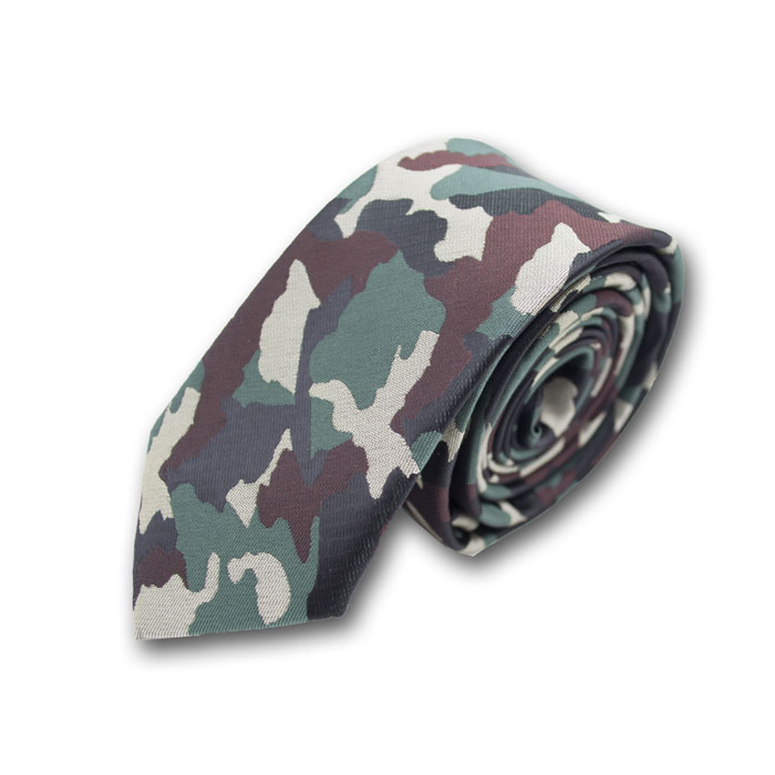 6cm Dark Forest Green and Brown Polyester Camouflage Skinny Tie