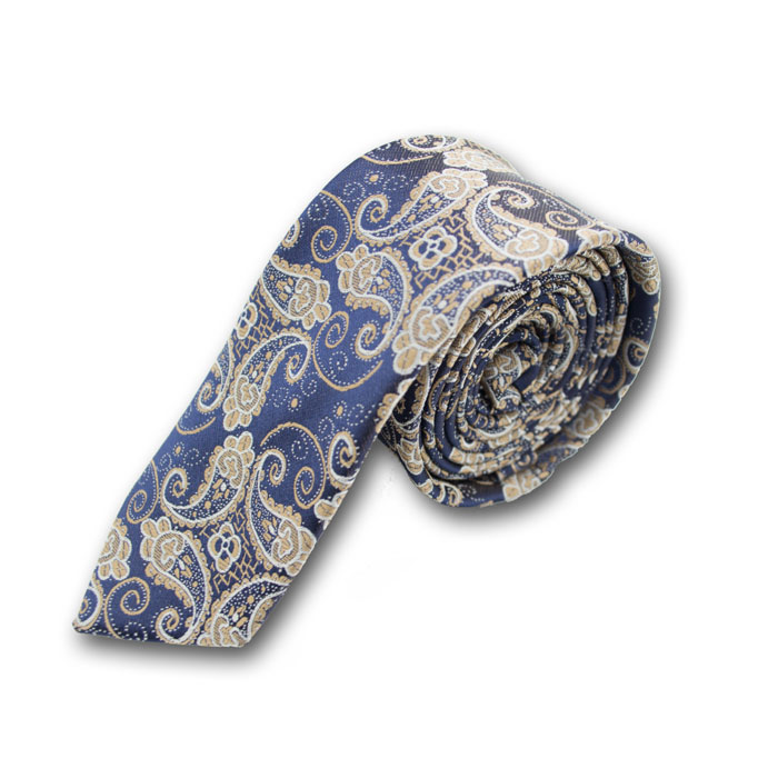 6cm Blue and White Polyester Paisley Skinny Tie