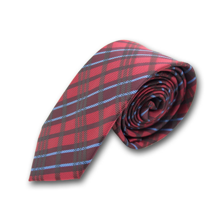 6cm Firebrick and Blue Lotus Polyester Plaid Skinny Tie
