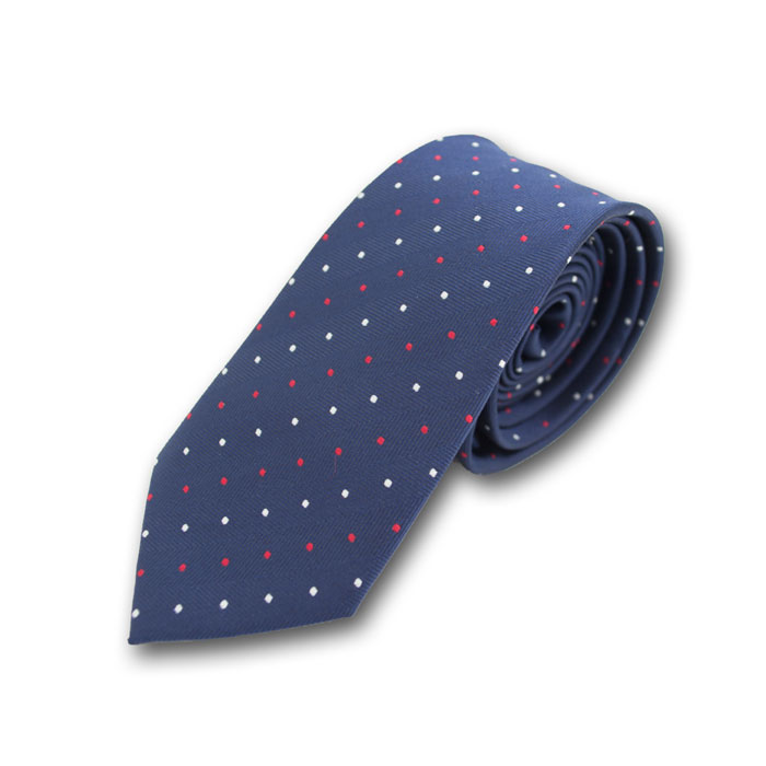 6cm Midnight Blue, Lava Red and White Polyester Polka Dot Skinny Tie