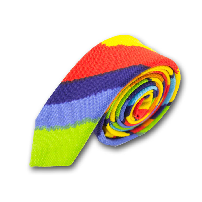 5cm Midnight Blue, Yellow, Dark Orange, Yellow Green and Red Cotton-Linen Blend Striped Skinny Tie