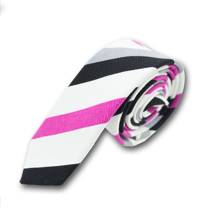 5cm Metallic Silver, Dark Carnation Pink, Purple Dragon and Black Polyester Striped Skinny Tie