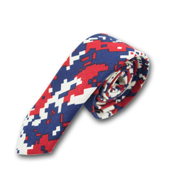 5cm Midnight Blue, Red and White Cotton-Linen Blend Camouflage Skinny Tie