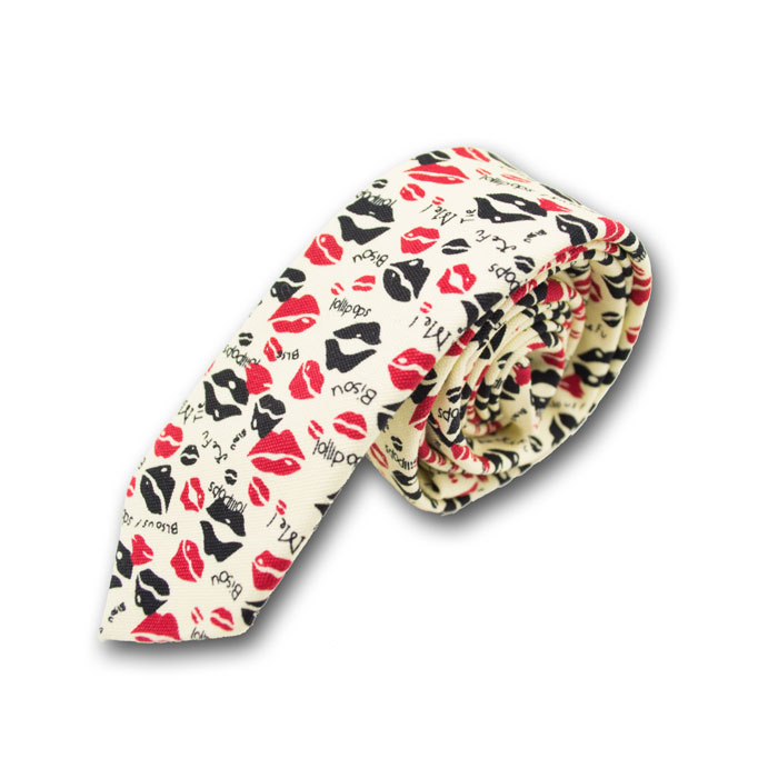 5cm Blonde, Red and Black Cotton-Linen Blend Novelty Skinny Tie