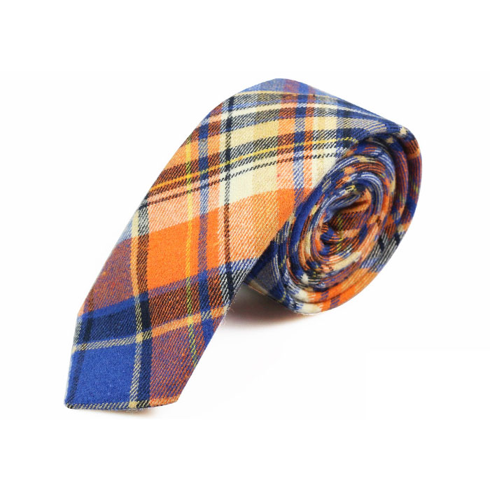 5cm Orange and Blue Cotton Plaid Skinny Tie