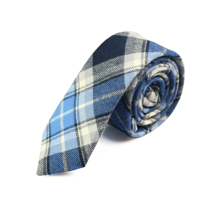 5cm Blue and White Cotton Plaid Skinny Tie