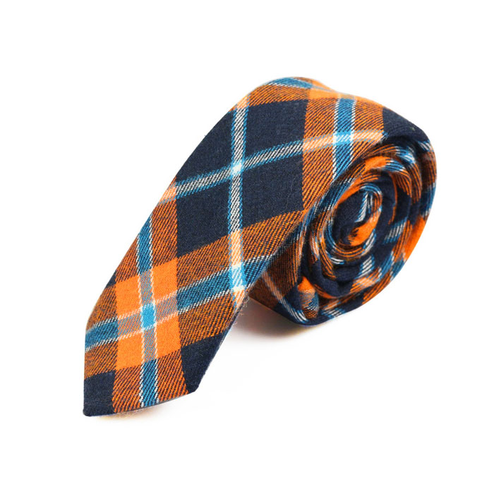 5cm Orange and Blue Cotton Plaid Skinny Tie