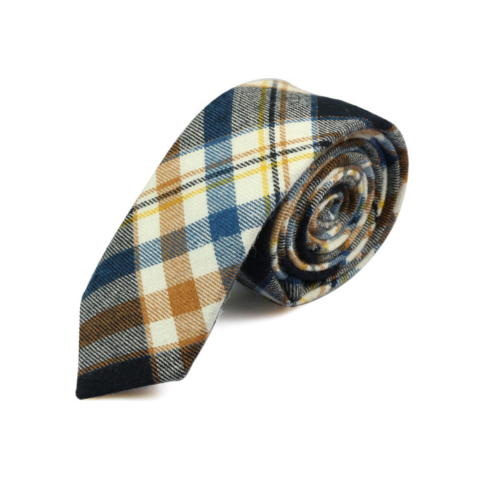 5cm Blue and Beer Cotton Plaid Skinny Tie