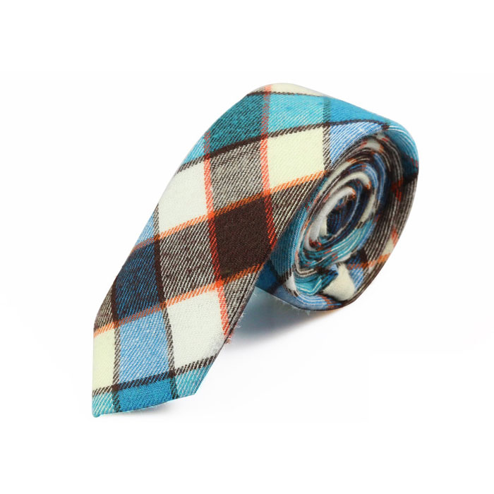 5cm Brown, White, Tiffany Blue and Bean Red Cotton Plaid Skinny Tie