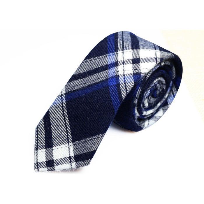 5cm Navy Blue, Black, White and Gray Dolphin Cotton Plaid Skinny Tie