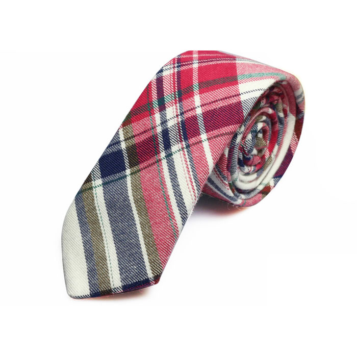5cm Red and Dark Forest Green Cotton Plaid Skinny Tie