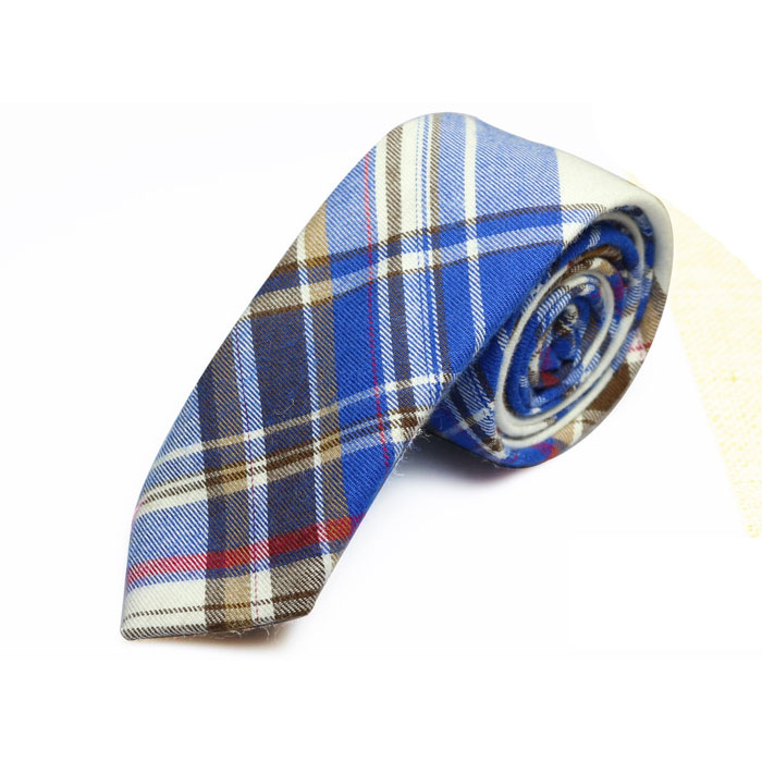 5cm Midnight Blue, White, Chilli Pepper and Cookie Brown Cotton Plaid Skinny Tie