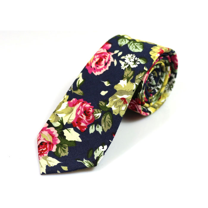 6cm Navy Blue, Mustard, Green Onion and Bean Red Cotton Floral Skinny Tie