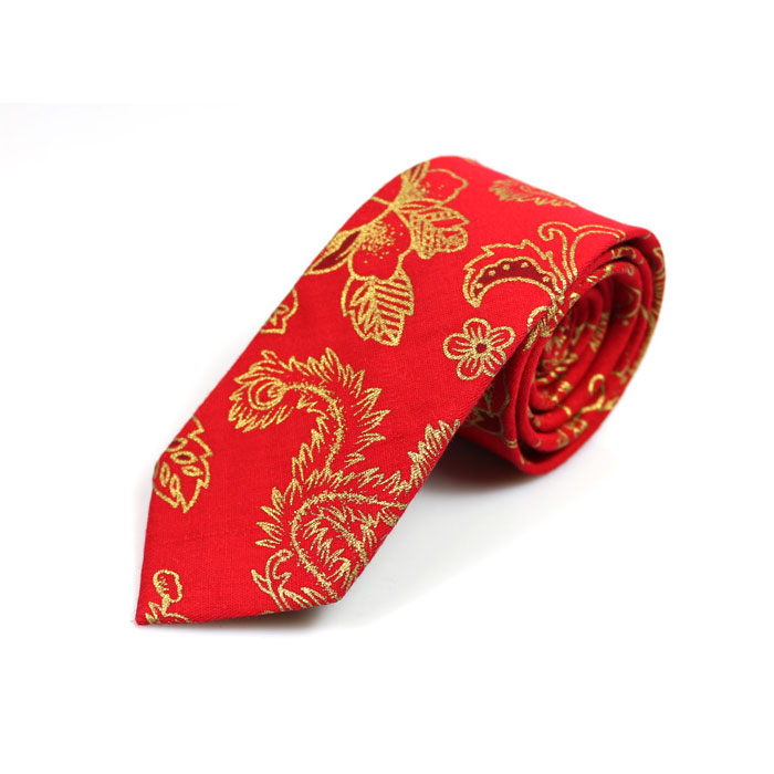 6cm Red and Orange Gold Cotton Paisley Skinny Tie
