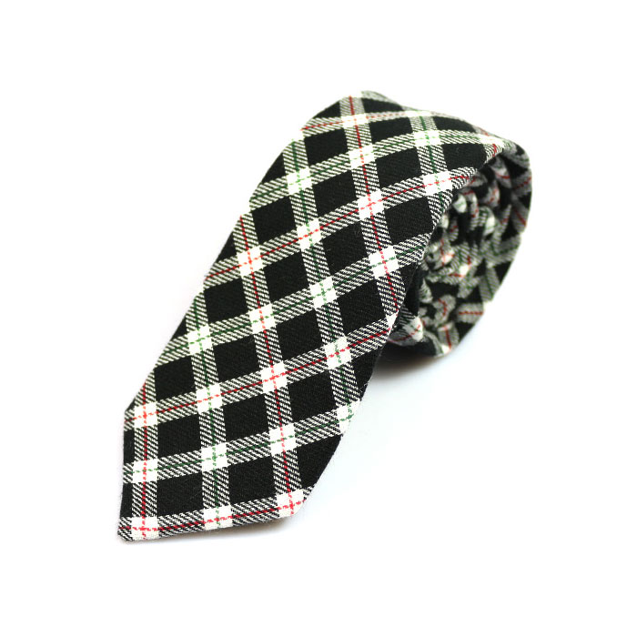 6cm Black, SeaShell, Midnight and Medium Forest Green Cotton Checkered Skinny Tie