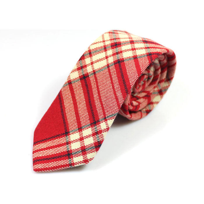 6cm Red, SeaShell, Black and Light Salmon Cotton Plaid Skinny Tie
