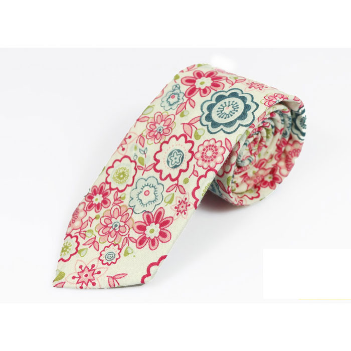 6cm White and Pink Cotton Floral Skinny Tie