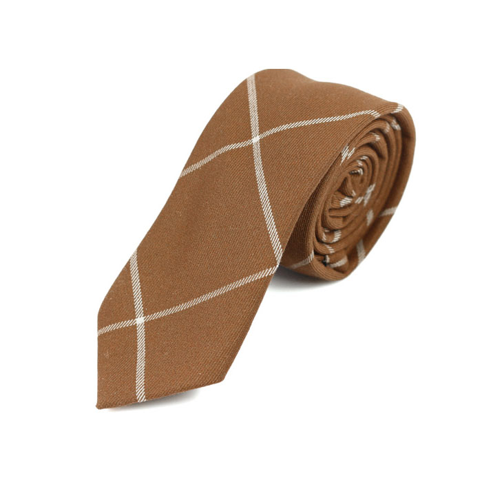 6cm Mahogany and White Cotton Plaid Skinny Tie
