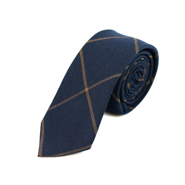 6cm Sapphire Blue and Sepia Cotton Plaid Skinny Tie