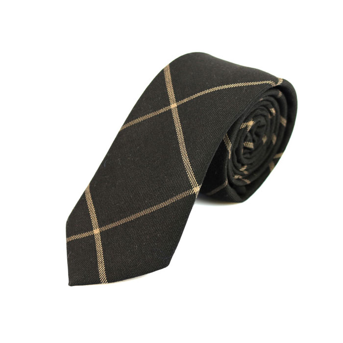 6cm Black Eel and Camel brown Cotton Plaid Skinny Tie