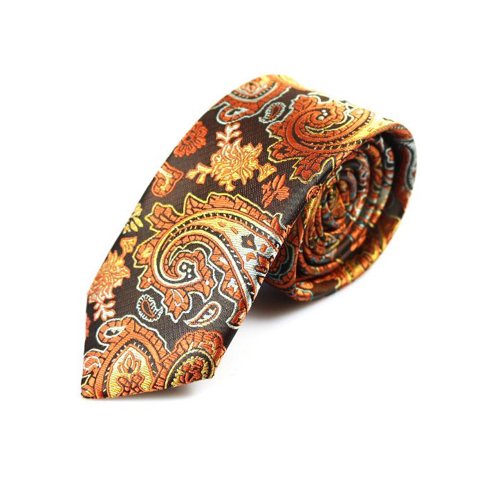 6cm Chestnut, Midnight, Pumpkin Orange and White Polyester Paisley Skinny Tie