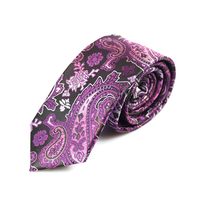 6cm Plum Velvet and White Polyester Paisley Skinny Tie