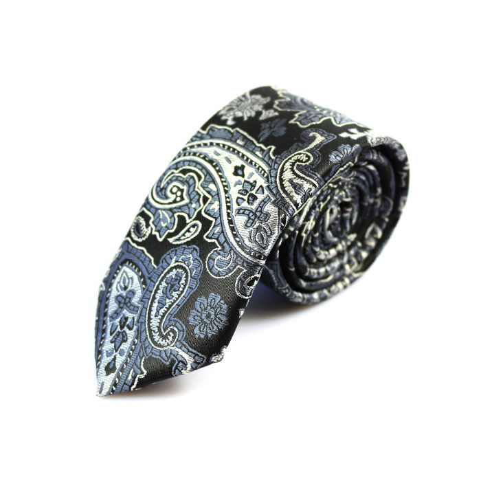 6cm Dark Slate Blue and Gray Polyester Paisley Skinny Tie