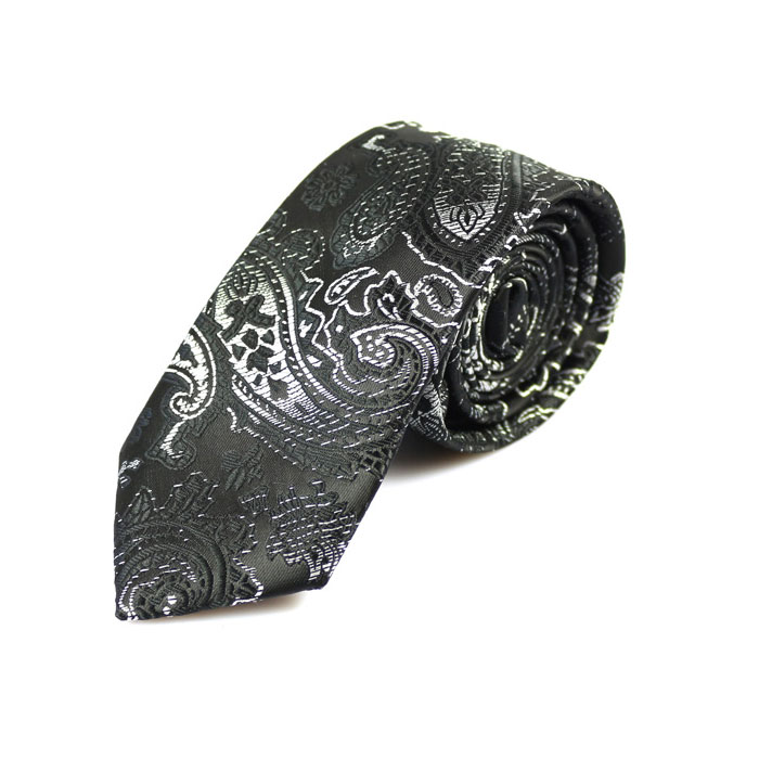 6cm Gray and Black Eel Polyester Paisley Skinny Tie