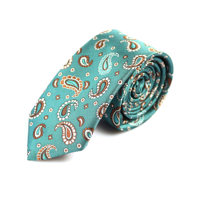 6cm Teal and Chestnut Polyester Paisley Skinny Tie