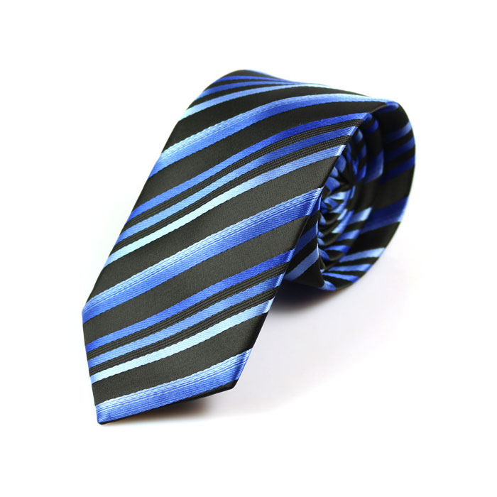 6cm Midnight Blue, White and Black Polyester Striped Skinny Tie