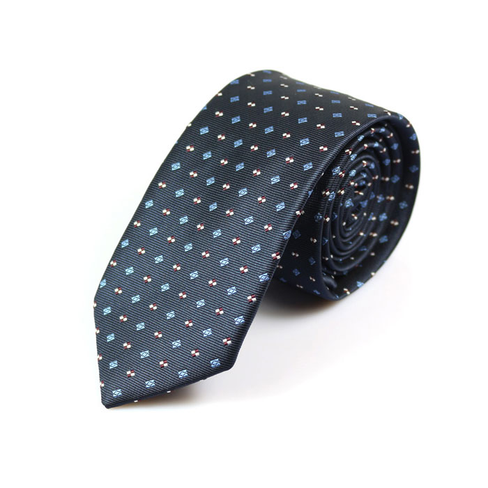 6cm Blueberry Blue, Chestnut and White Polyester Polka Dot Skinny Tie