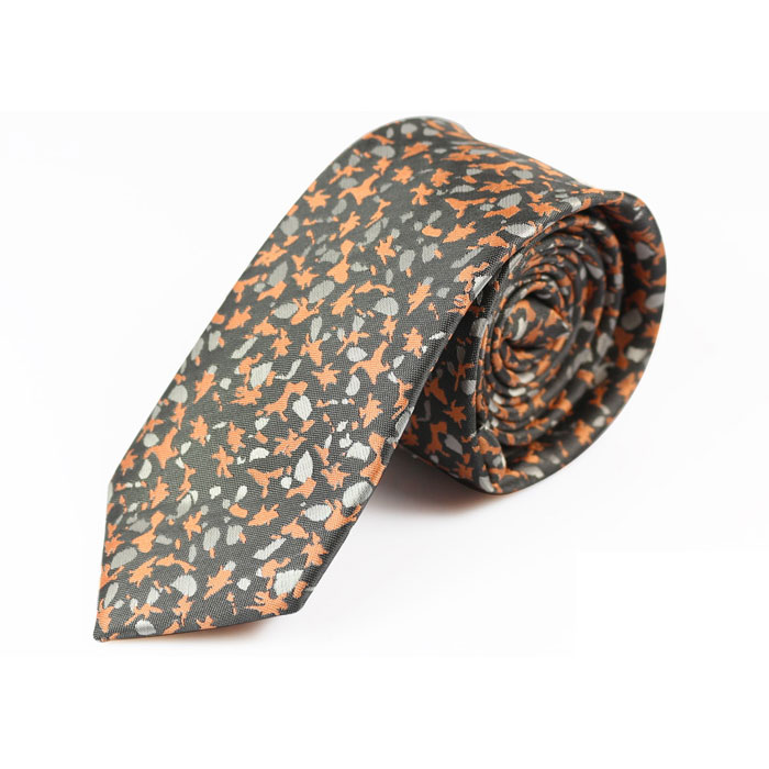 6cm Chestnut, Black Eel and Gray Cloud Polyester Floral Skinny Tie