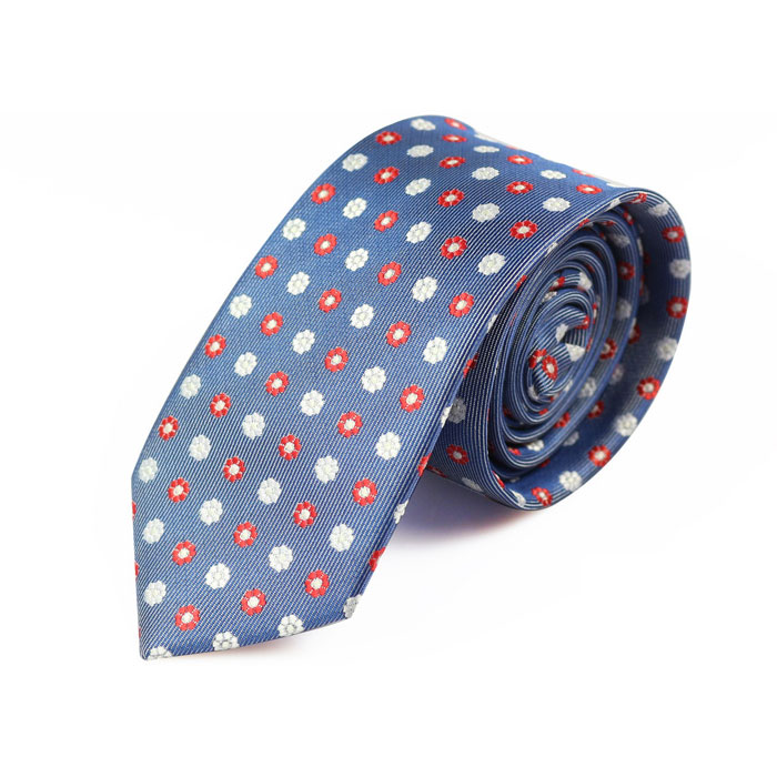 6cm Navy Blue, White and Red Polyester Polka Dot Skinny Tie