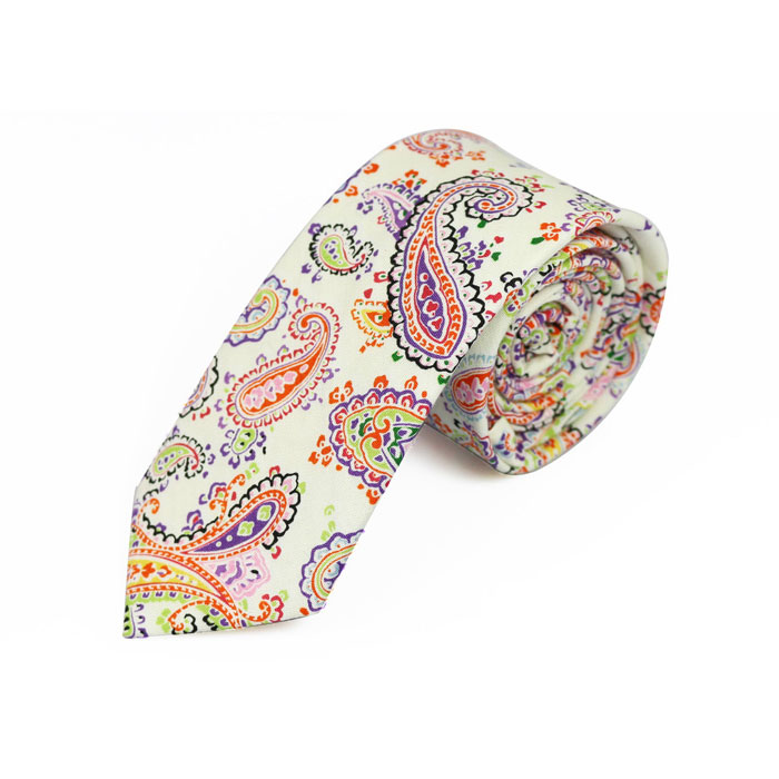 6cm White and Orange Cotton Paisley Skinny Tie