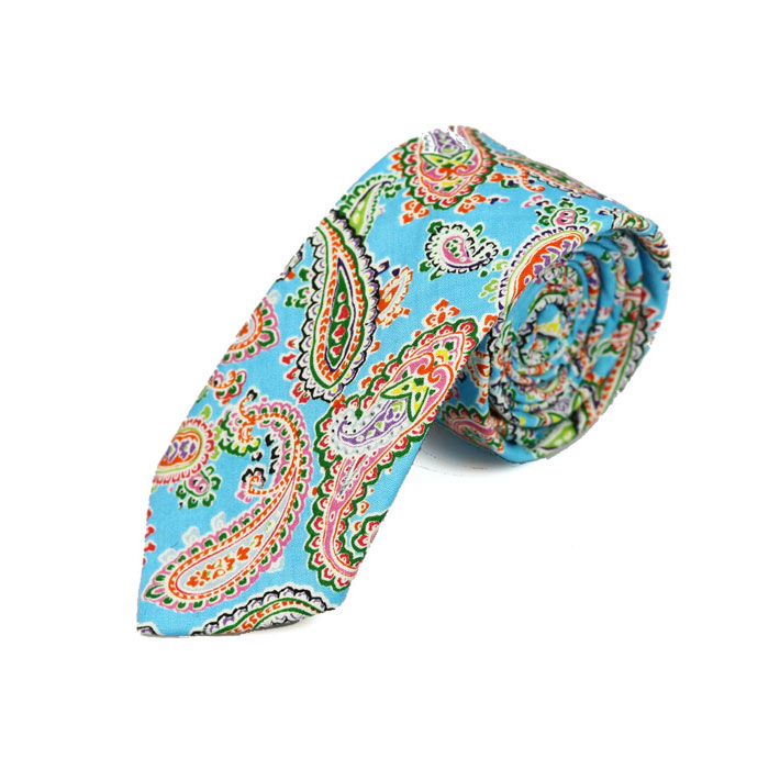 6cm Blue, Peach, Black Eel and Nebula Green Cotton Paisley Skinny Tie