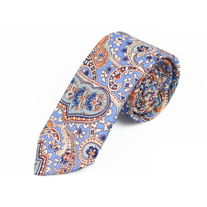 6cm Blue Orchid, Scarlet and White Cotton Paisley Skinny Tie