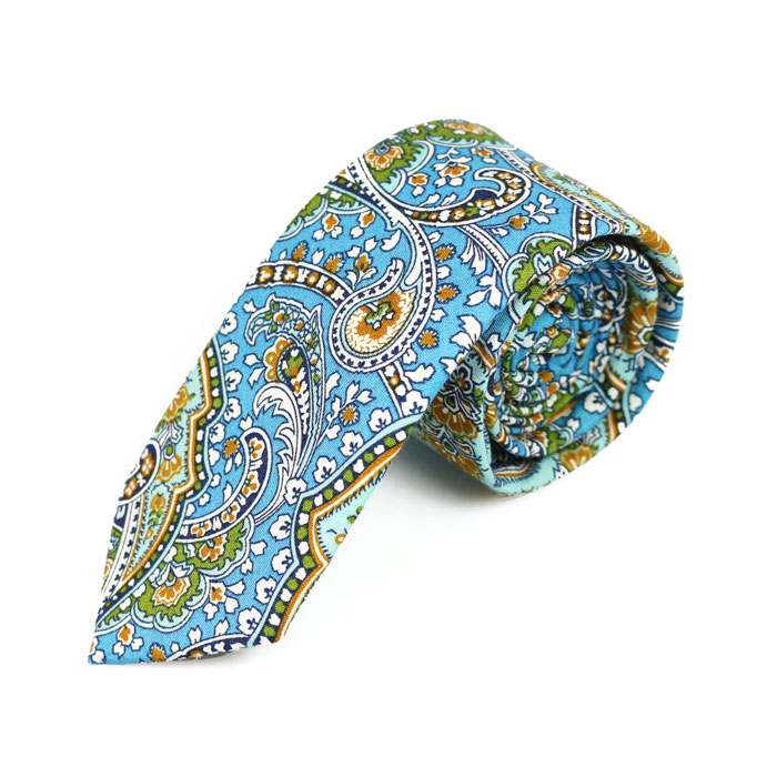 6cm Blue, Venom Green and SeaShell Cotton Paisley Skinny Tie