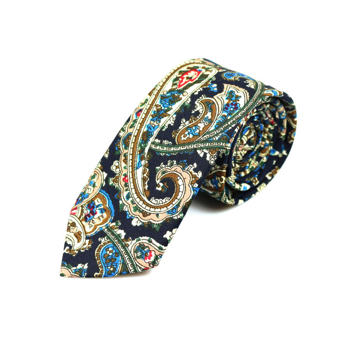 6cm Midnight Blue, Corn Yellow, Red and Dark Forest Green Cotton Paisley Skinny Tie